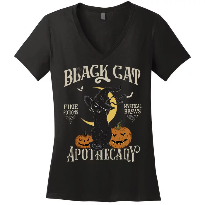 Retro Scary Halloween Costume Black Cat Salem Apothecary Women's V-Neck T-Shirt