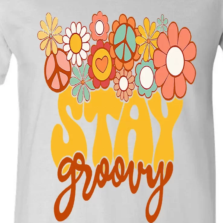 Retro Sunflower Hippie Stay Groovy Positive Mind Happy Life V-Neck T-Shirt