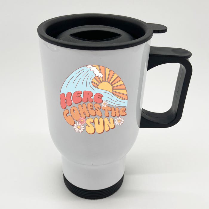 Retro Summer Here Comes The Sun Boho Groovy Gift Funny Gift Front & Back Stainless Steel Travel Mug