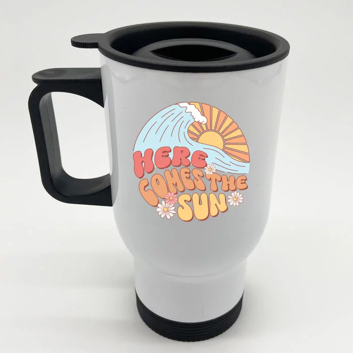 Retro Summer Here Comes The Sun Boho Groovy Gift Funny Gift Front & Back Stainless Steel Travel Mug