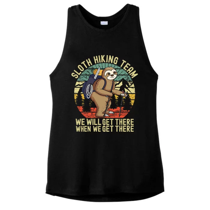 Retro sloth Hiking team we'll get there when we get there Ladies Tri-Blend Wicking Tank