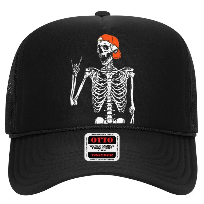 Rocker Skeleton Hand Rock On Costume Funny Halloween Gifts High Crown Mesh Trucker Hat