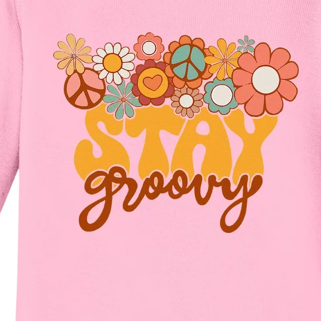 Retro Sunflower Hippie Stay Groovy Positive Mind Happy Life Baby Long Sleeve Bodysuit