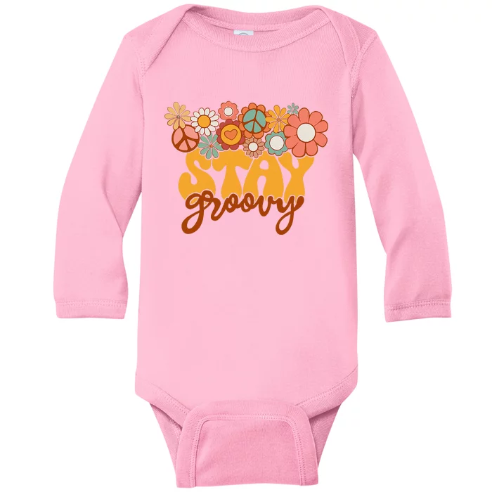 Retro Sunflower Hippie Stay Groovy Positive Mind Happy Life Baby Long Sleeve Bodysuit