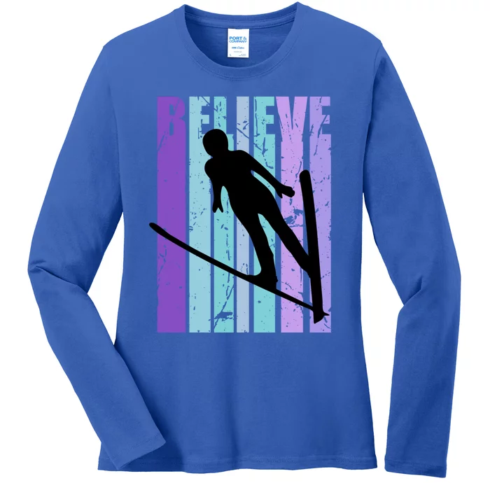 Retro Slalom Jump Jumping Ski Downhill Race Flying Fly High Gift Ladies Long Sleeve Shirt