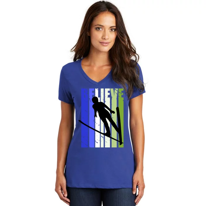 Retro Slalom Jump Jumping Ski Downhill Female Gift Women's V-Neck T-Shirt