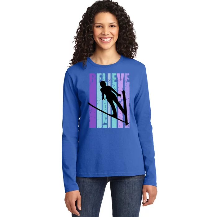 Retro Slalom Jump Jumping Ski Downhill Race Flying Fly High Gift Ladies Long Sleeve Shirt