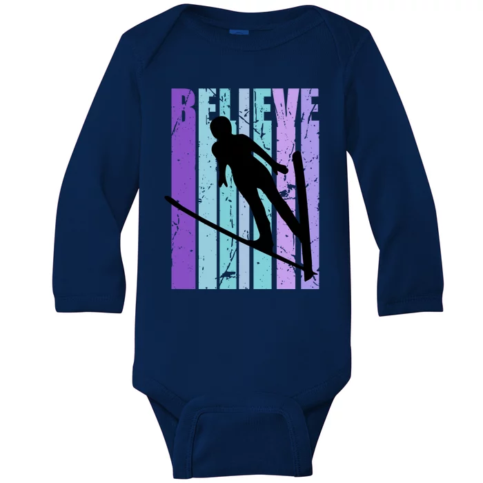 Retro Slalom Jump Jumping Ski Downhill Race Flying Fly High Gift Baby Long Sleeve Bodysuit