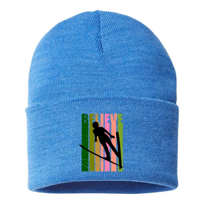 Retro Ski Jumping Jump Female Skier Skiing Cool Meaningful Gift Sustainable Knit Beanie