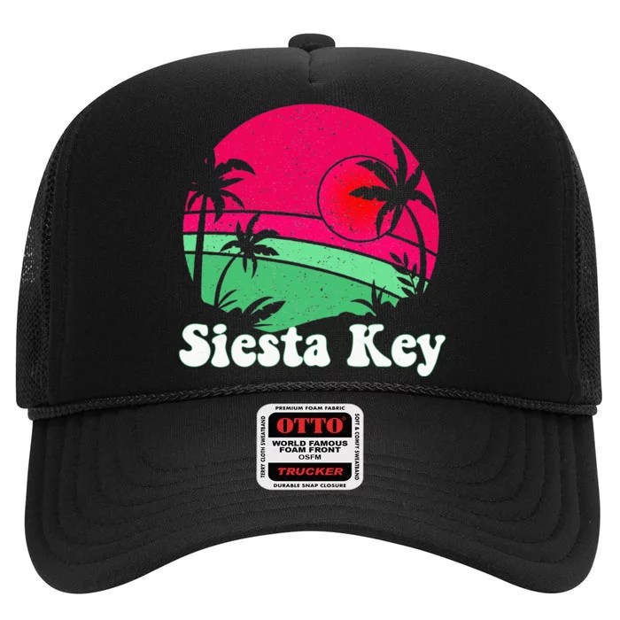 Retro Siesta Key Beach Design Siesta Key Illustration High Crown Mesh Trucker Hat