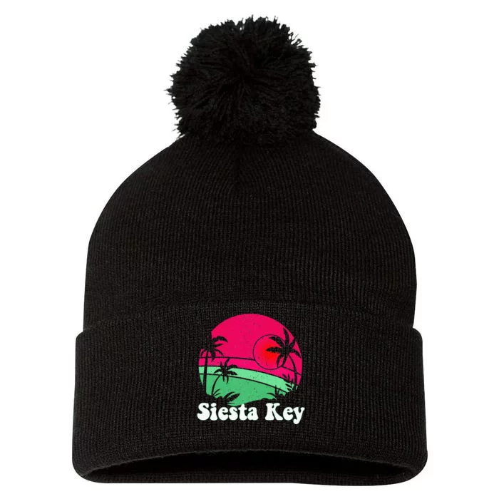 Retro Siesta Key Beach Design Siesta Key Illustration Pom Pom 12in Knit Beanie