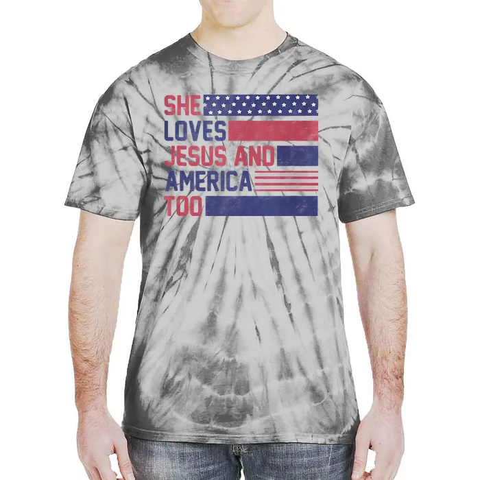 Retro She loves Jesus and America Too 4th Of July USA Flag Tie-Dye T-Shirt