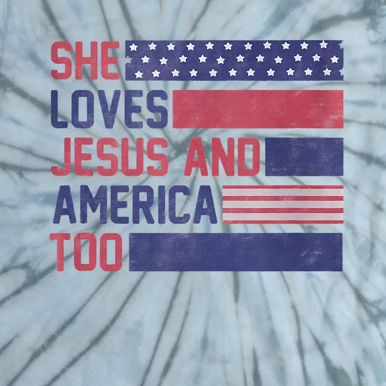 Retro She loves Jesus and America Too 4th Of July USA Flag Tie-Dye T-Shirt