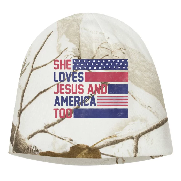 Retro She loves Jesus and America Too 4th Of July USA Flag Kati - Camo Knit Beanie