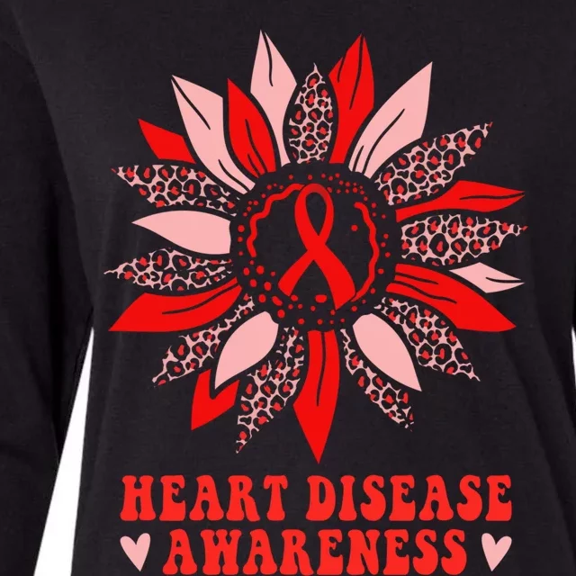 Red Sunflower Leopard Ribbon Heart Disease Awareness Month Gift Womens Cotton Relaxed Long Sleeve T-Shirt