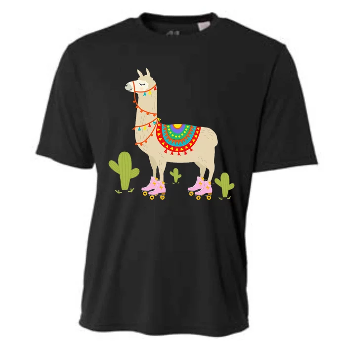 Roller Skating Llama Retro Roller Skater Animal Cooling Performance Crew T-Shirt