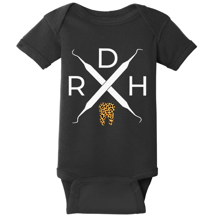 Rdh Scaler Logo With Leopard Print Tooth Dental Hygienist Baby Bodysuit