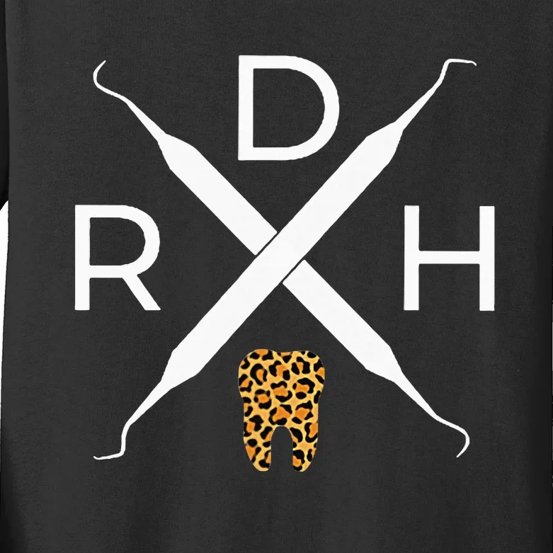 Rdh Scaler Logo With Leopard Print Tooth Dental Hygienist Kids Long Sleeve Shirt