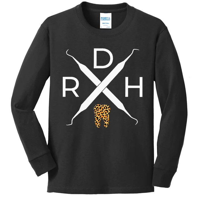 Rdh Scaler Logo With Leopard Print Tooth Dental Hygienist Kids Long Sleeve Shirt