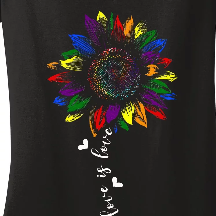 Rainbow Sunflower Love Is Love Lgbt G.A.Y Lesbian Pride Women's V-Neck T-Shirt