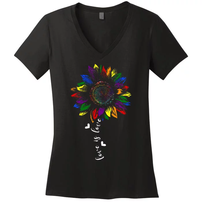 Rainbow Sunflower Love Is Love Lgbt G.A.Y Lesbian Pride Women's V-Neck T-Shirt