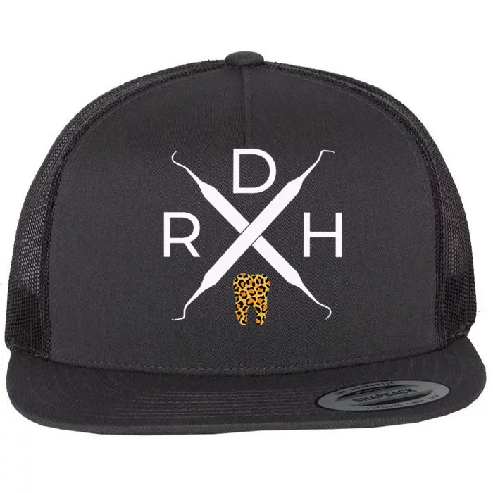 Rdh Scaler Logo With Leopard Print Tooth Dental Hygienist Flat Bill Trucker Hat