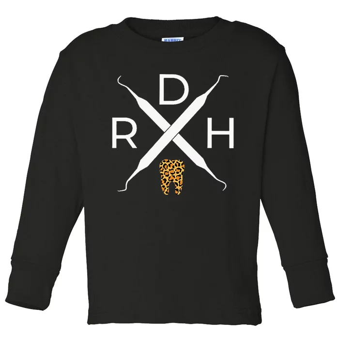 Rdh Scaler Logo With Leopard Print Tooth Dental Hygienist Toddler Long Sleeve Shirt