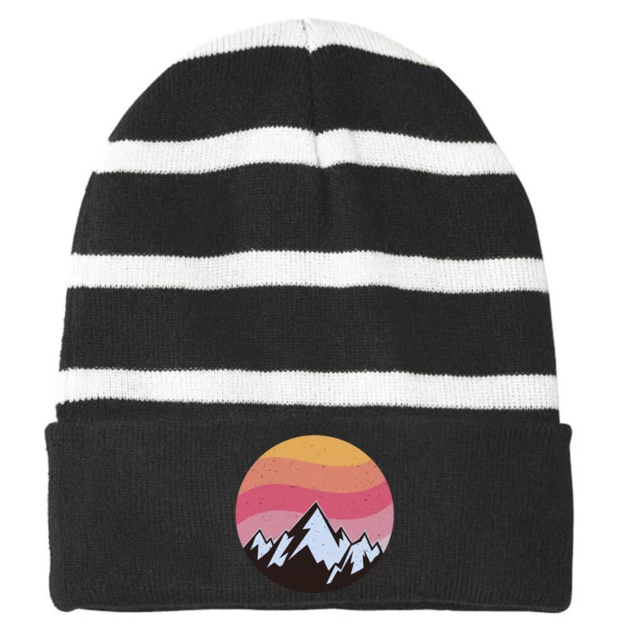 Retro Sunset Mountain Striped Beanie with Solid Band