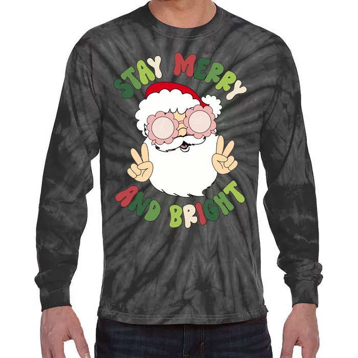 Retro Stay Merry And Bright Funny Christmas Santa Claus Xmas Tie-Dye Long Sleeve Shirt