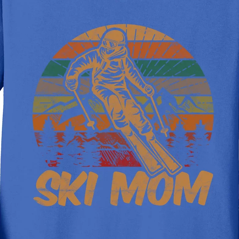 Retro Ski Mom Sunset Gift Mother Skier Fan Skiing Mama Meaningful Gift Kids Long Sleeve Shirt