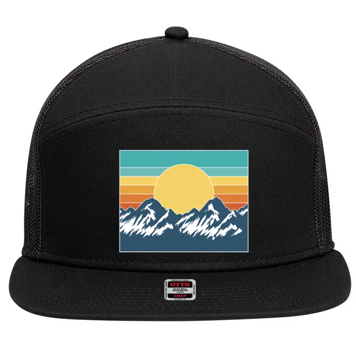 Retro Sunset Mountain Nature 7 Panel Mesh Trucker Snapback Hat