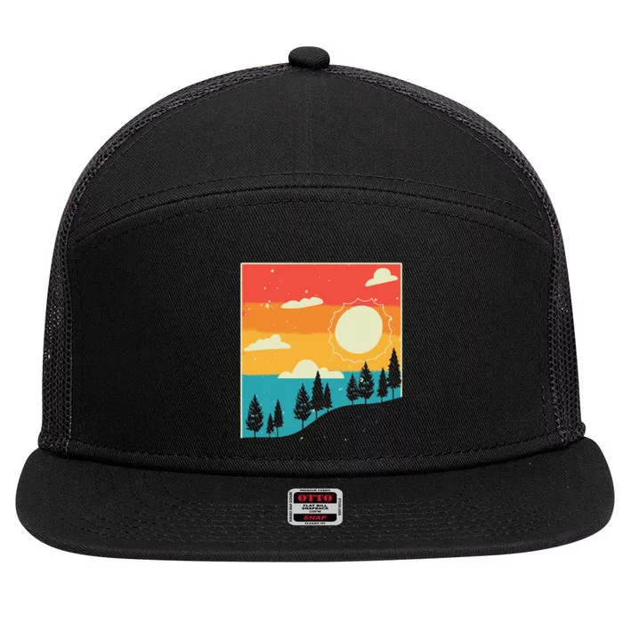 Retro Sun Nature Lover Forest Trees Wildlife Nature 7 Panel Mesh Trucker Snapback Hat