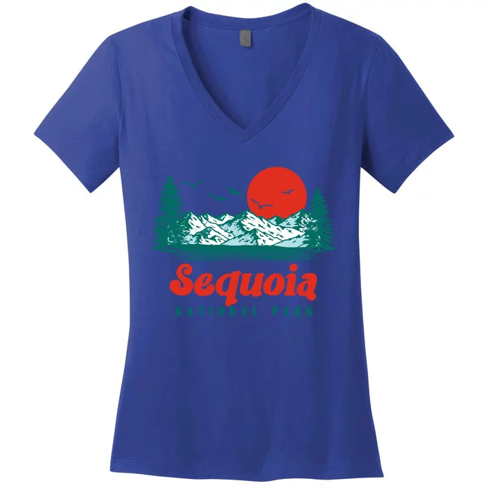 Retro Sequoia National Park Mountain Trees And Sun Graphic Gift Women's V-Neck T-Shirt