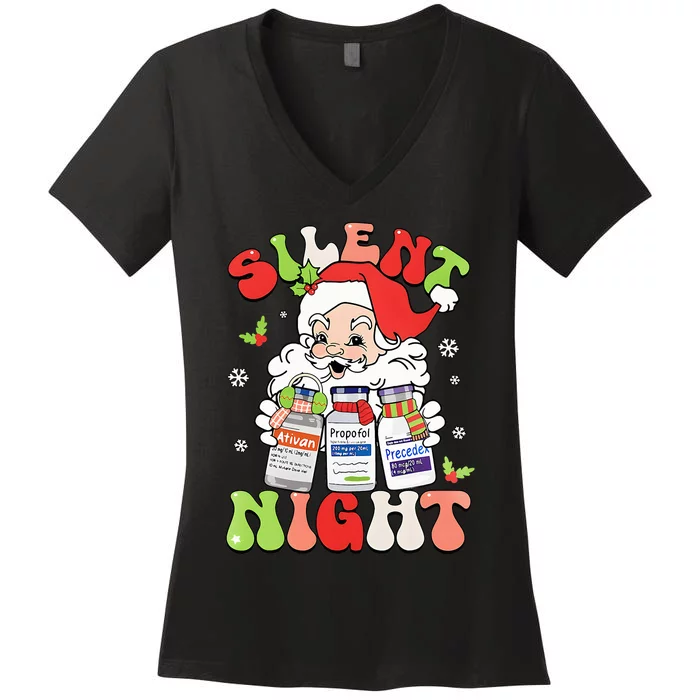 Retro Silent Night ICU Nurse Christmas Intensive Care Unit Women's V-Neck T-Shirt