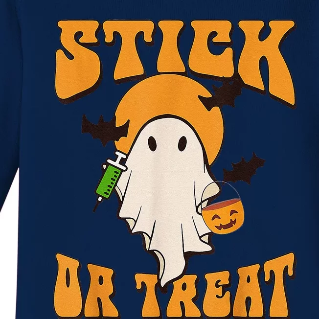 Retro Stick Or Treat Nurse Halloween Ghost Spooky Season Baby Long Sleeve Bodysuit