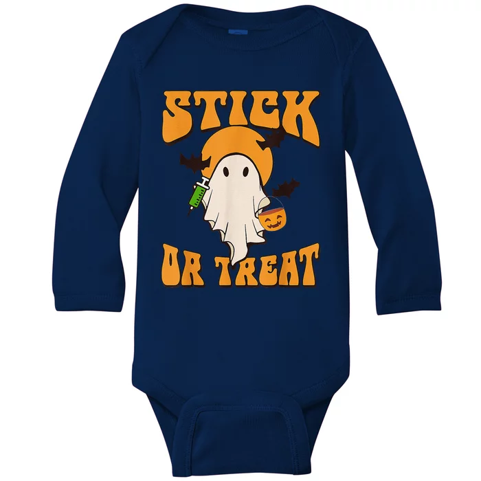 Retro Stick Or Treat Nurse Halloween Ghost Spooky Season Baby Long Sleeve Bodysuit