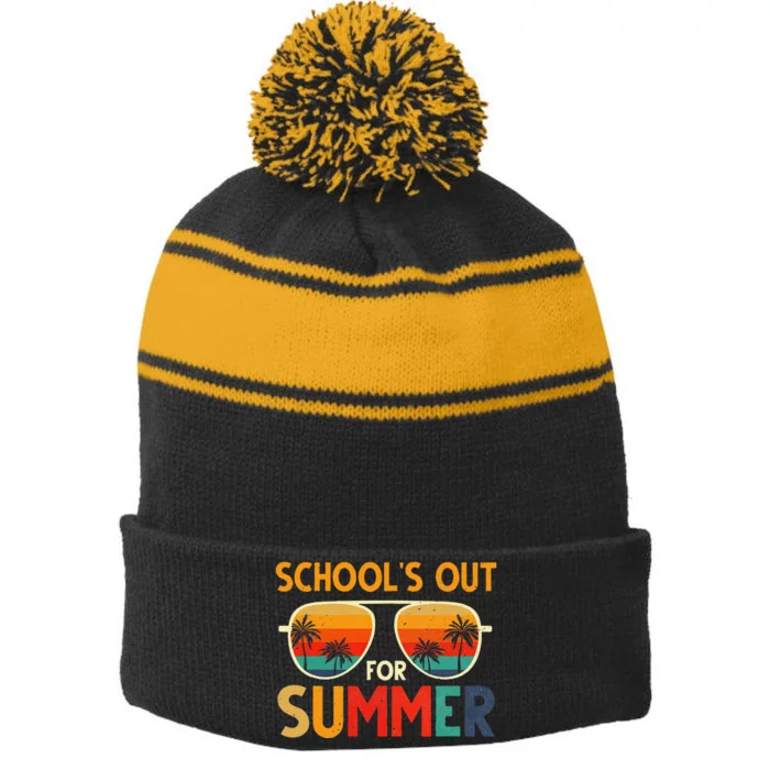 Retro Schools Out For Summer Last Day Of School Stripe Pom Pom Beanie