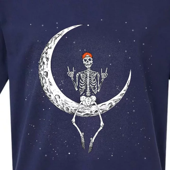 Rocker Skeleton On Moon Hand Rock On Costume Funny Halloween Gift Sueded Cloud Jersey T-Shirt