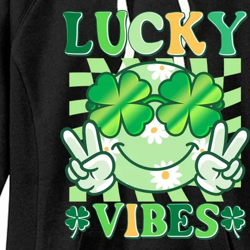 Retro St Patricks Day Lucky Vibes Peace Smiley Emoji Women's Fleece Hoodie