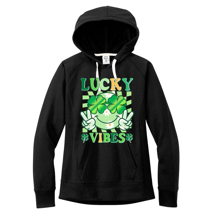 Retro St Patricks Day Lucky Vibes Peace Smiley Emoji Women's Fleece Hoodie