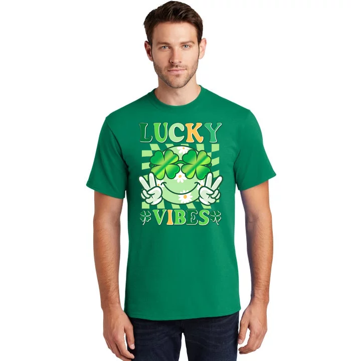 Retro St Patricks Day Lucky Vibes Peace Smiley Emoji Tall T-Shirt