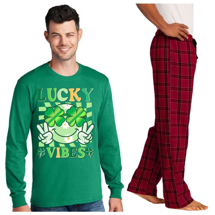 Retro St Patricks Day Lucky Vibes Peace Smiley Emoji Long Sleeve Pajama Set