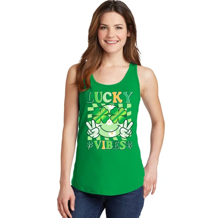 Retro St Patricks Day Lucky Vibes Peace Smiley Emoji Ladies Essential Tank