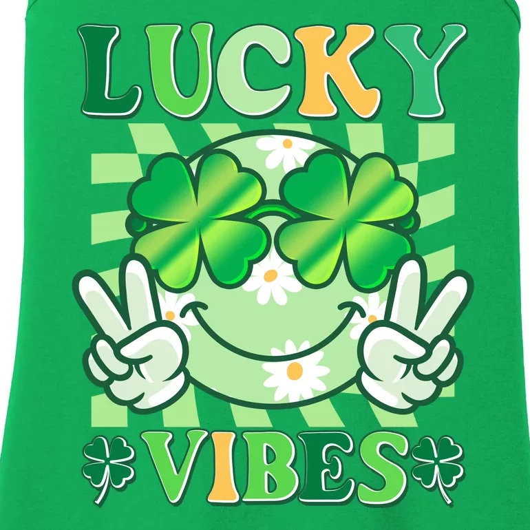 Retro St Patricks Day Lucky Vibes Peace Smiley Emoji Ladies Essential Tank