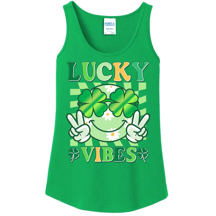 Retro St Patricks Day Lucky Vibes Peace Smiley Emoji Ladies Essential Tank