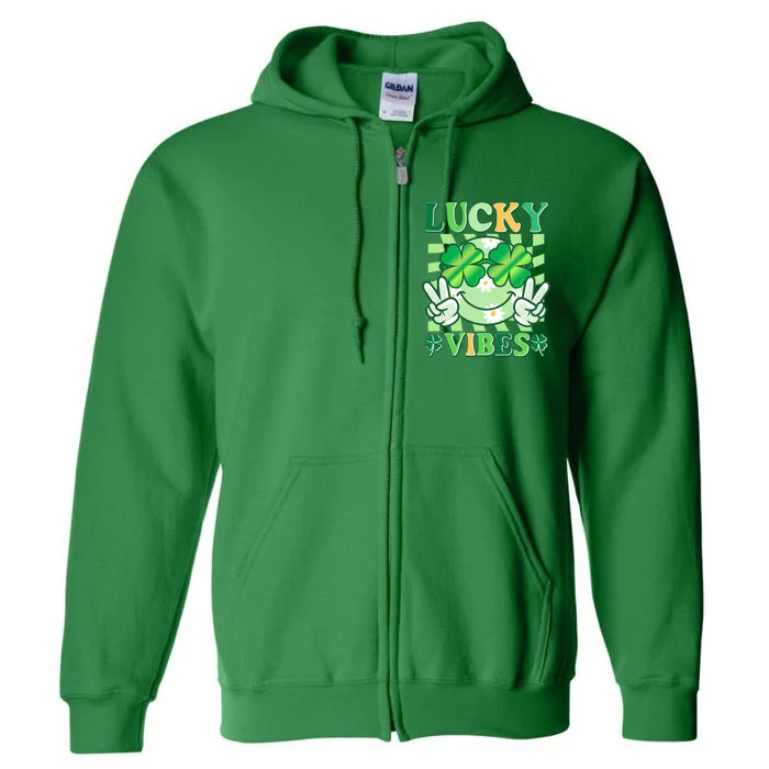 Retro St Patricks Day Lucky Vibes Peace Smiley Emoji Full Zip Hoodie