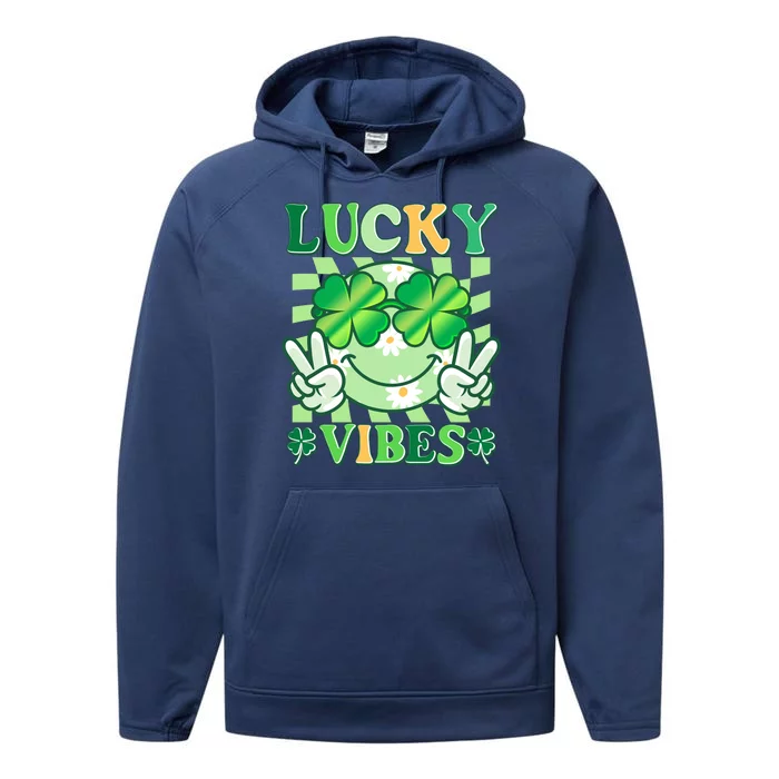 Retro St Patricks Day Lucky Vibes Peace Smiley Emoji Performance Fleece Hoodie