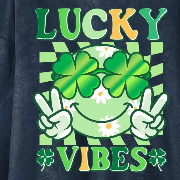 Retro St Patricks Day Lucky Vibes Peace Smiley Emoji Hooded Wearable Blanket