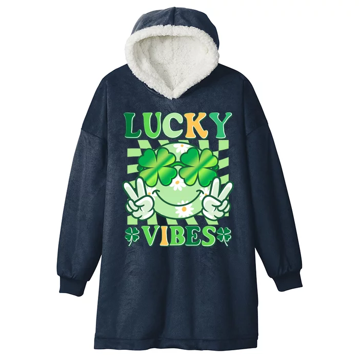 Retro St Patricks Day Lucky Vibes Peace Smiley Emoji Hooded Wearable Blanket