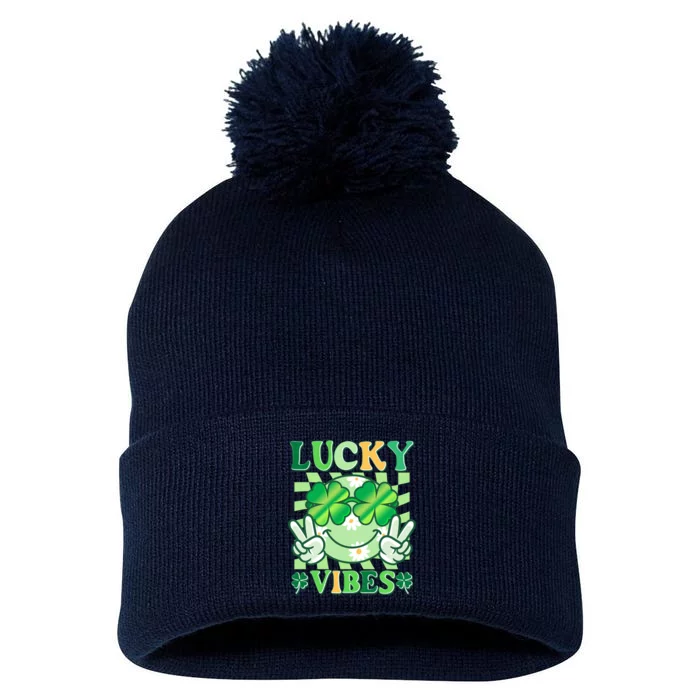 Retro St Patricks Day Lucky Vibes Peace Smiley Emoji Pom Pom 12in Knit Beanie